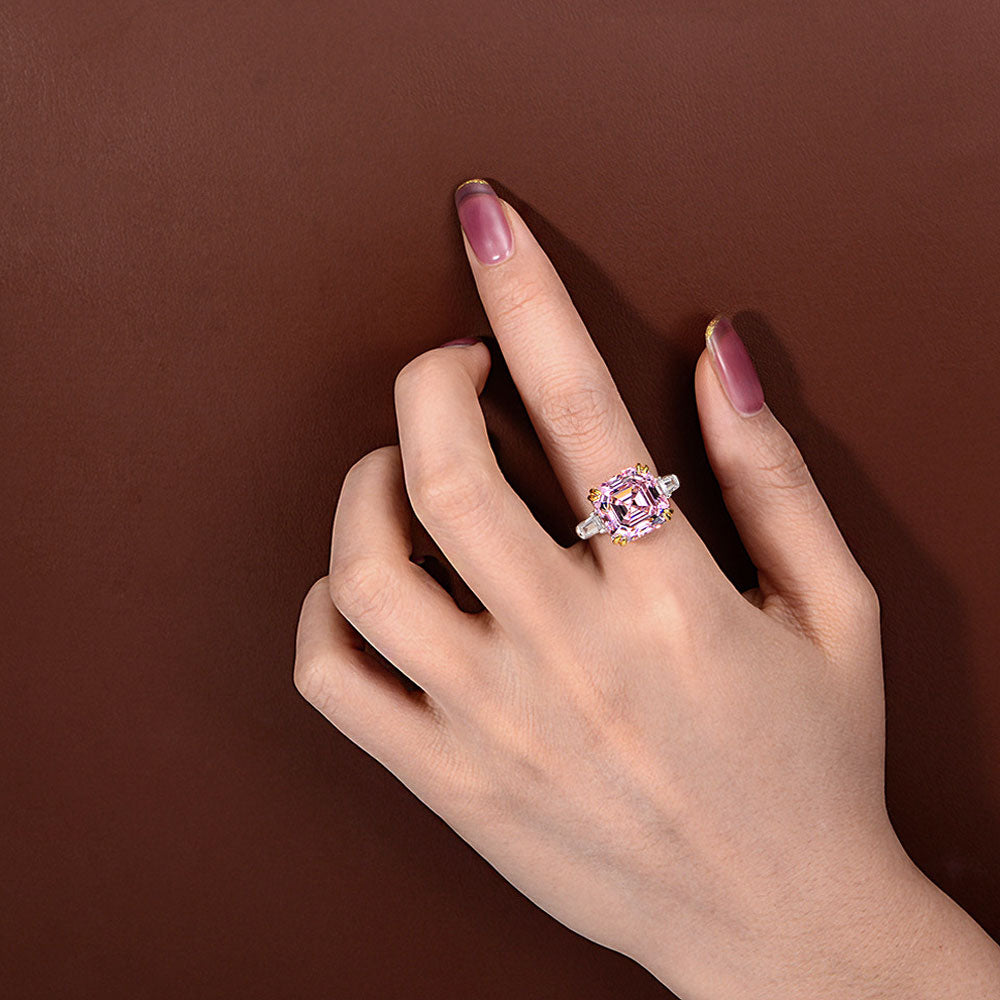Asscher Cut Double Golden Prongs Setting Silver Ring