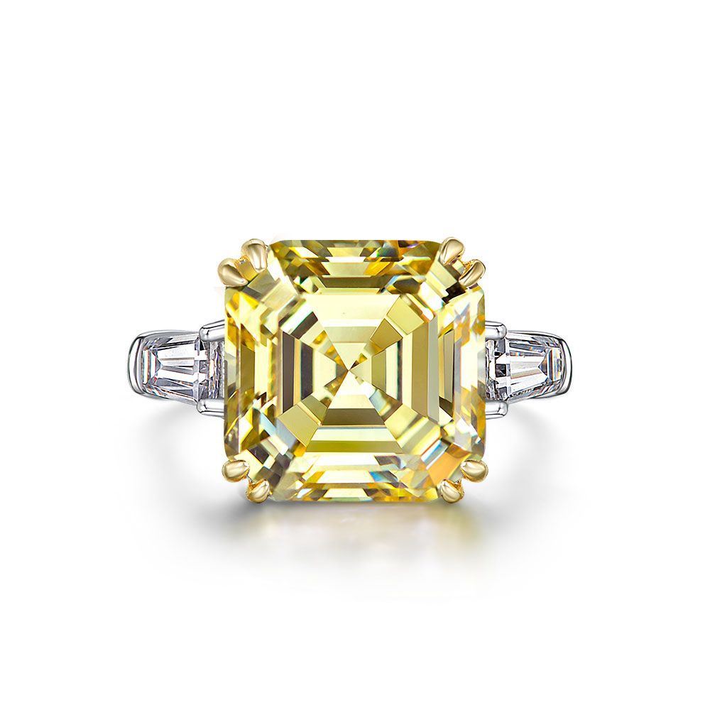 Asscher Cut Double Golden Prongs Setting Silver Ring