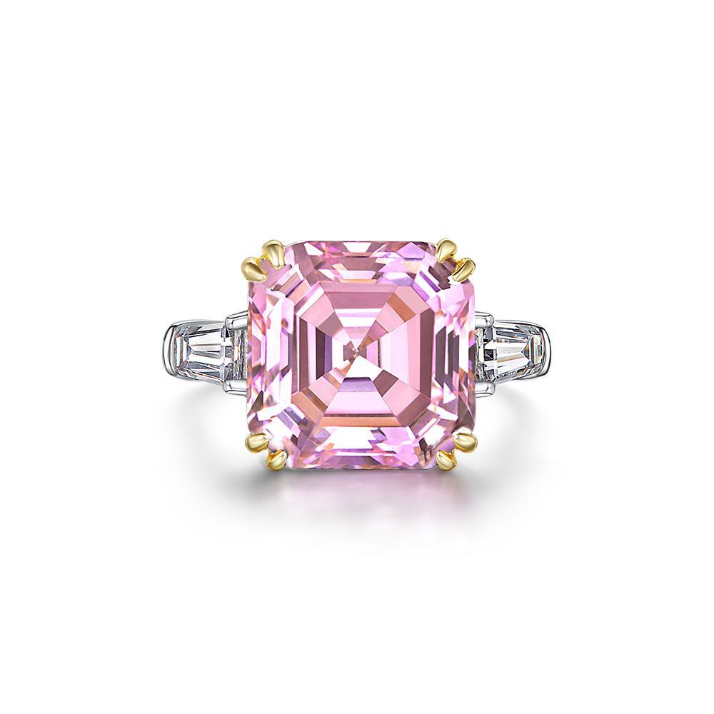 Asscher Cut Double Golden Prongs Setting Silver Ring
