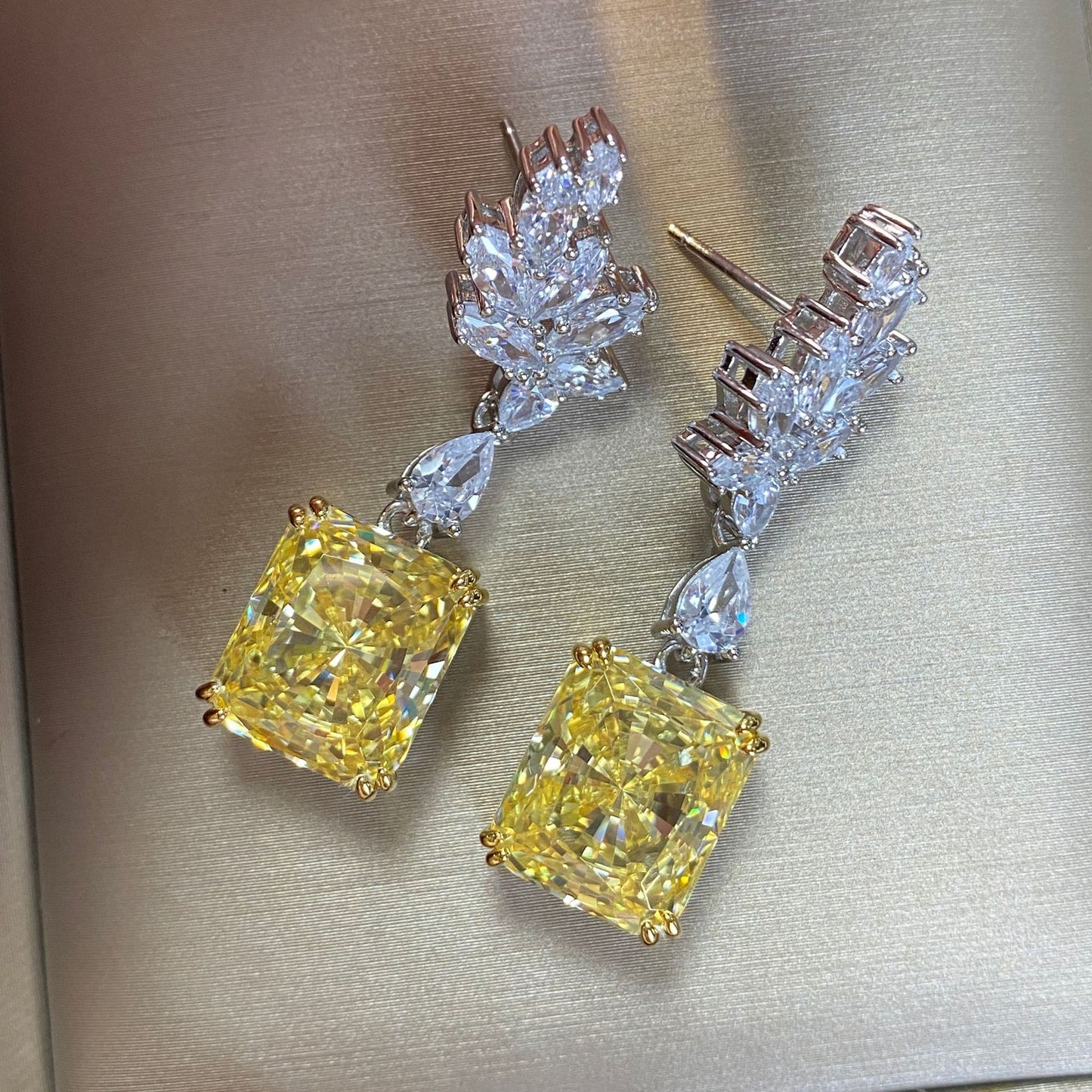 Asscher Cut Citrine Feather Style Silver Earring