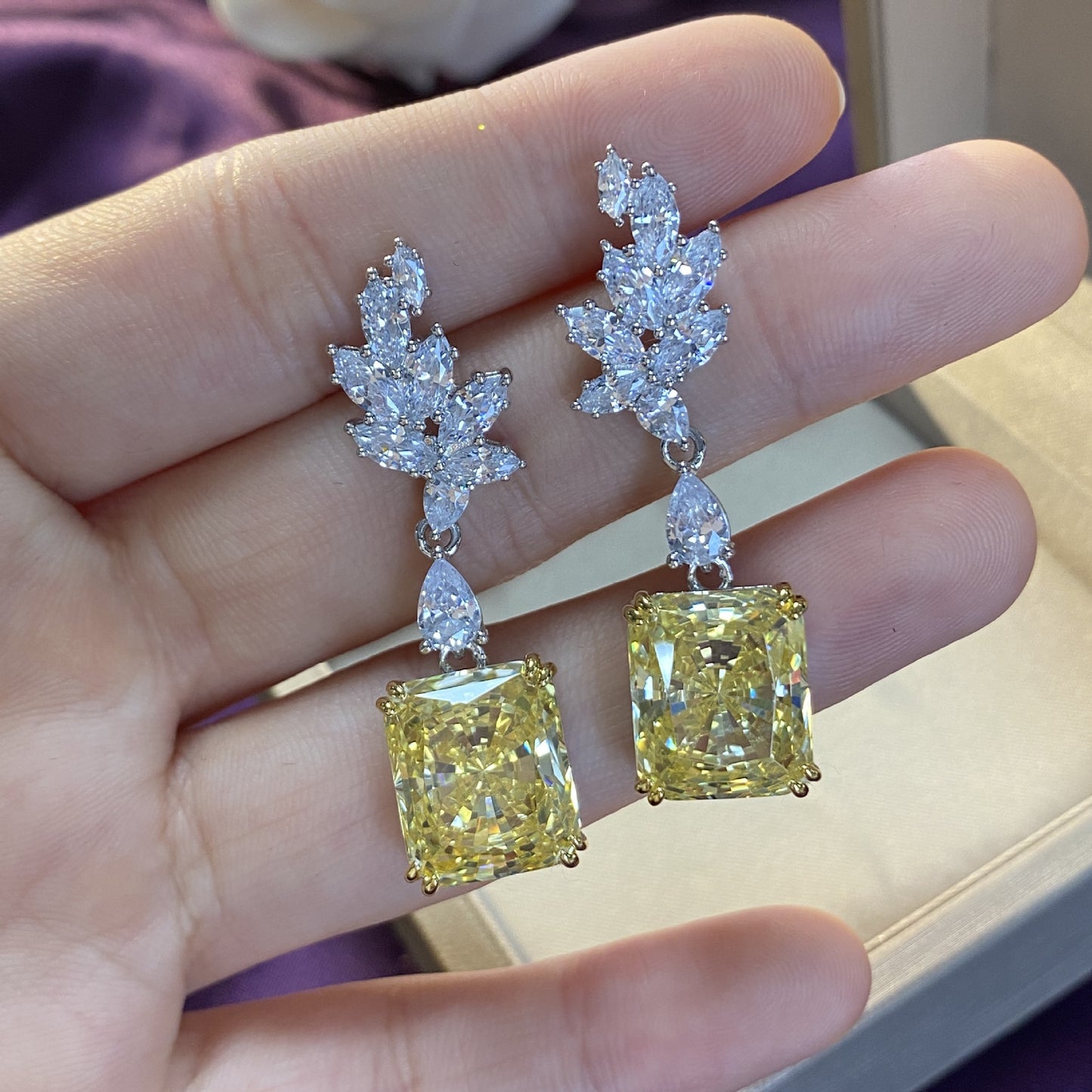 Asscher Cut Citrine Feather Style Silver Earring