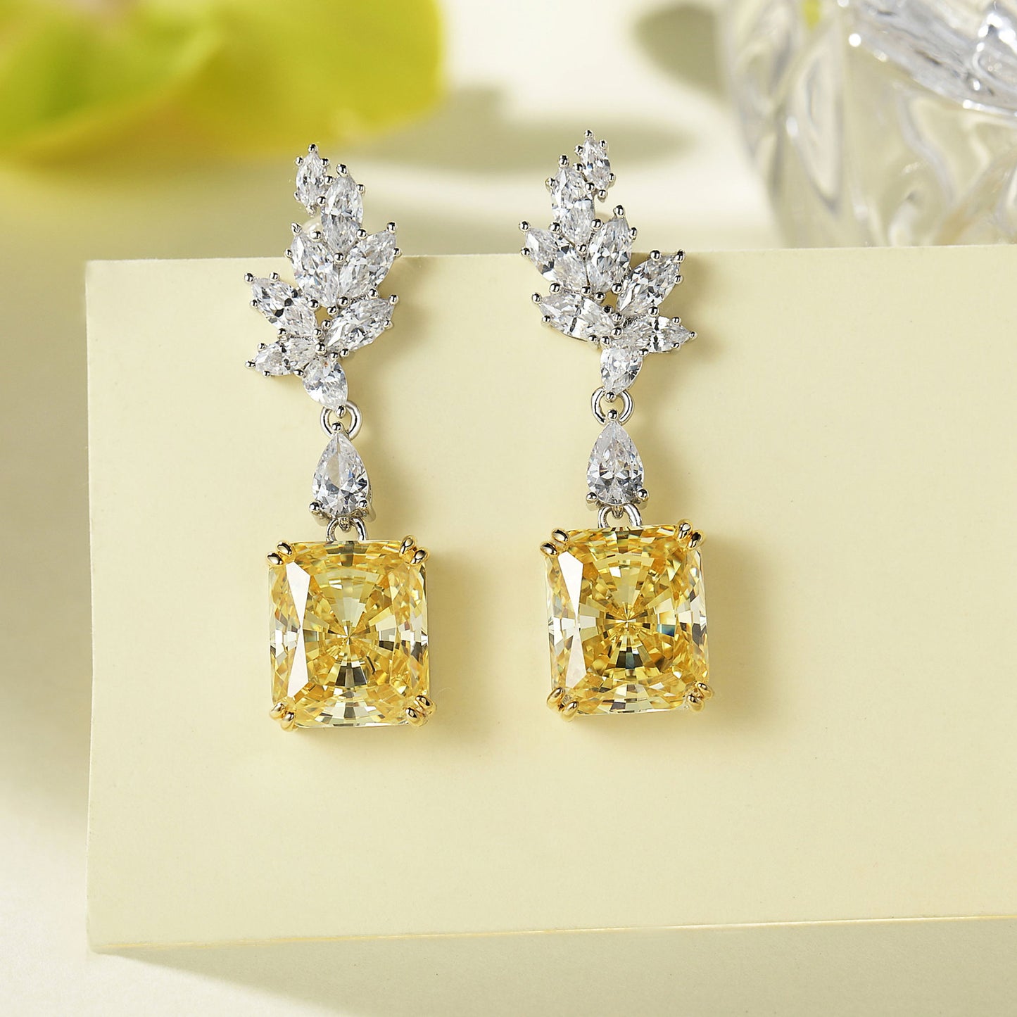 Asscher Cut Citrine Feather Style Silver Earring