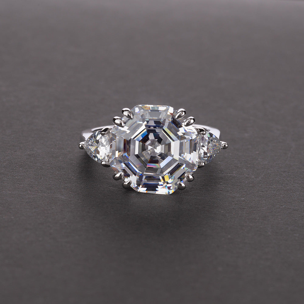 Asscher Cut Double Prongs Sterling Silver Ring