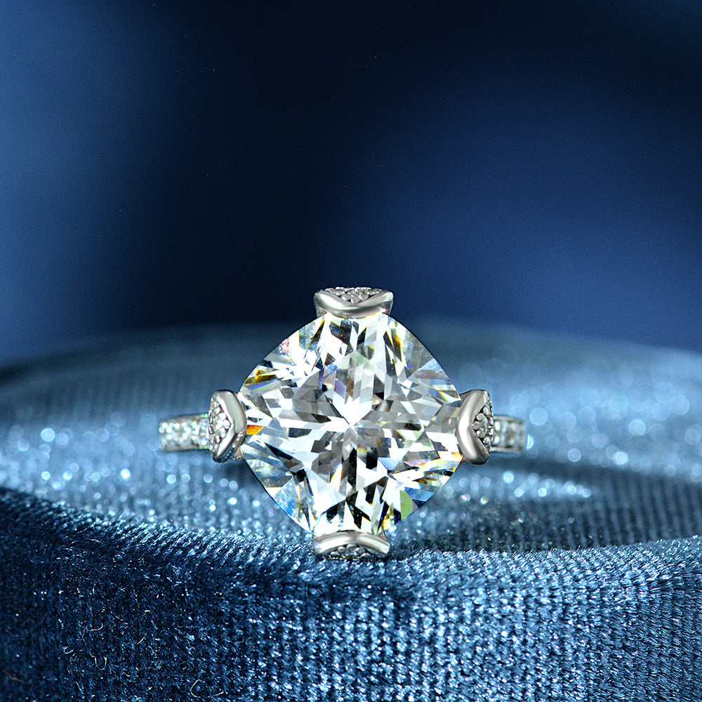 Cushion Cut Classic Four Claws Silver Ring