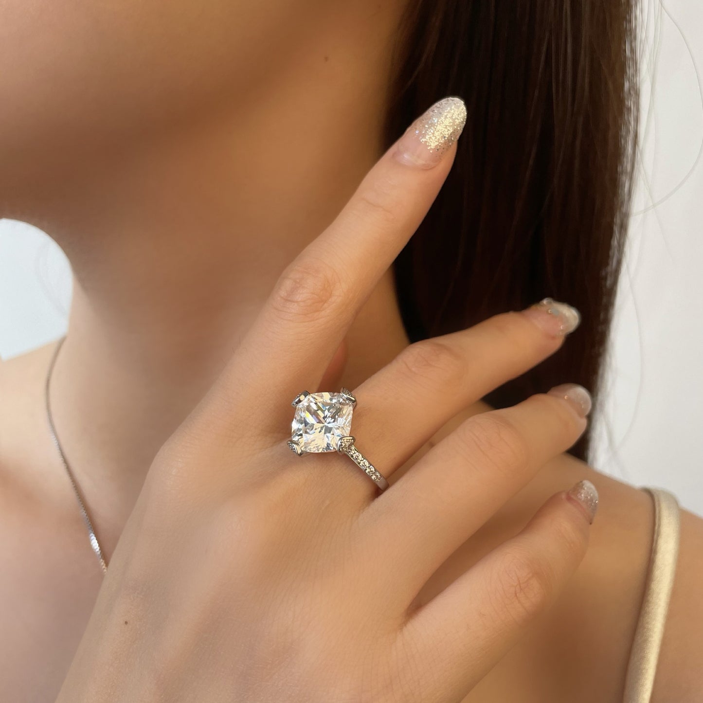 Cushion Cut Classic Four Claws Silver Ring