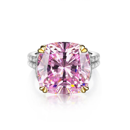 Cushion Cut Gemstone Double Golden Prongs Silver Ring