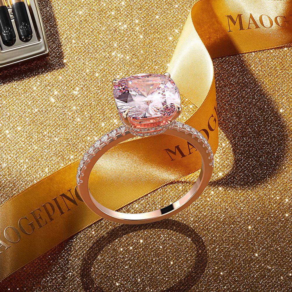 Cushion Cut Rose Quartz Gemstone Silver Ring