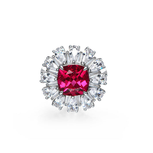 Cushion Ruby Cluster Sterling Silver Enhancer Ring