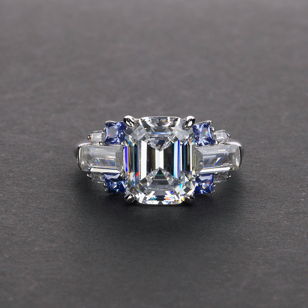 Emerald Cut Four Claw Sterling Silver Enhancer Ring