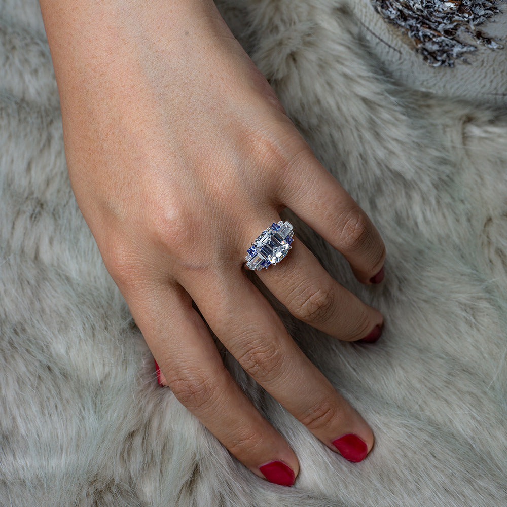 Emerald Cut Four Claw Sterling Silver Enhancer Ring