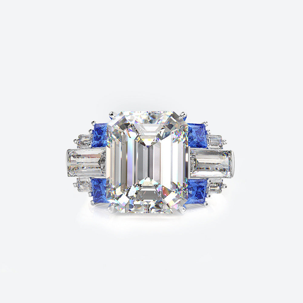 Emerald Cut Four Claw Sterling Silver Enhancer Ring