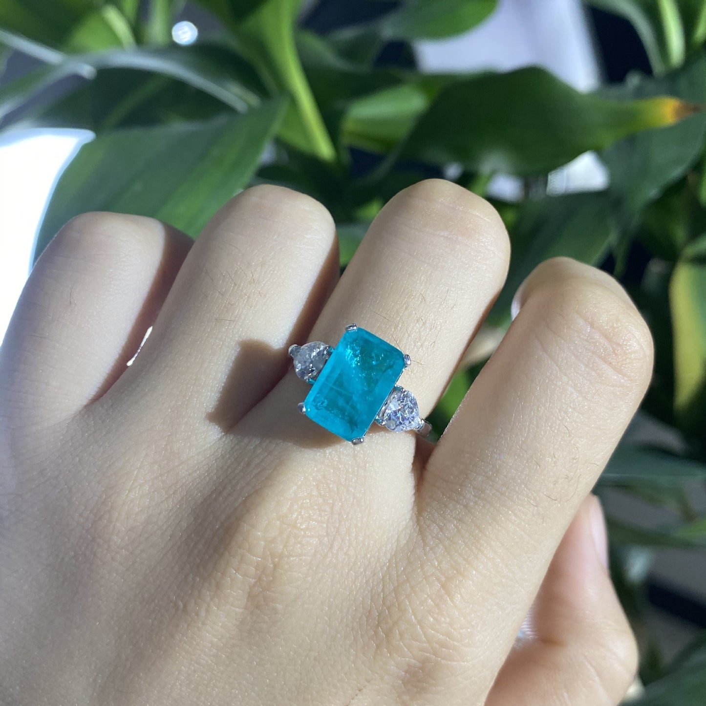 Emerald Cut Paraiba Stone Sterling Silver Ring