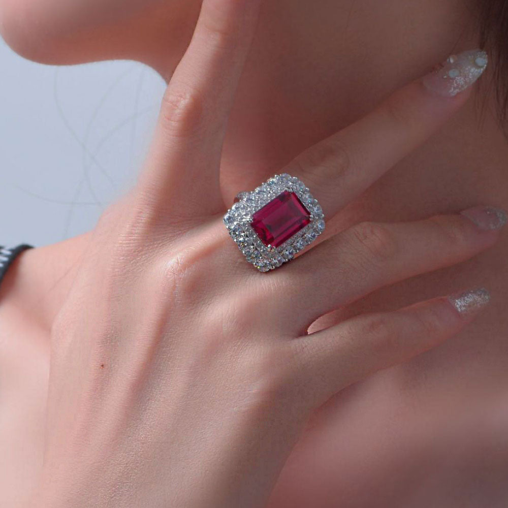 Emerald Cut Ruby Sterling Silver Enhancer Ring