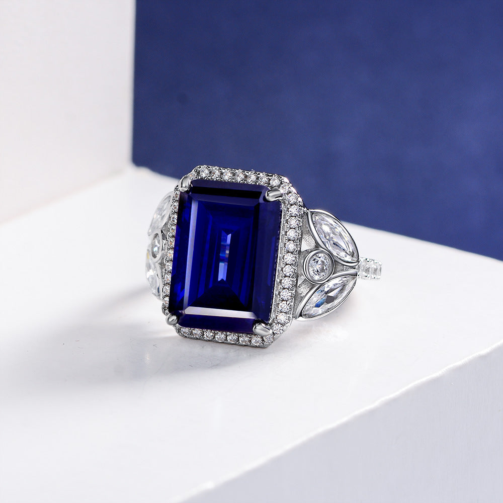 Emerald Cut Gemstone Rose Style Sterling Silver Ring