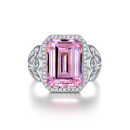 Emerald Cut Gemstone Rose Style Sterling Silver Ring