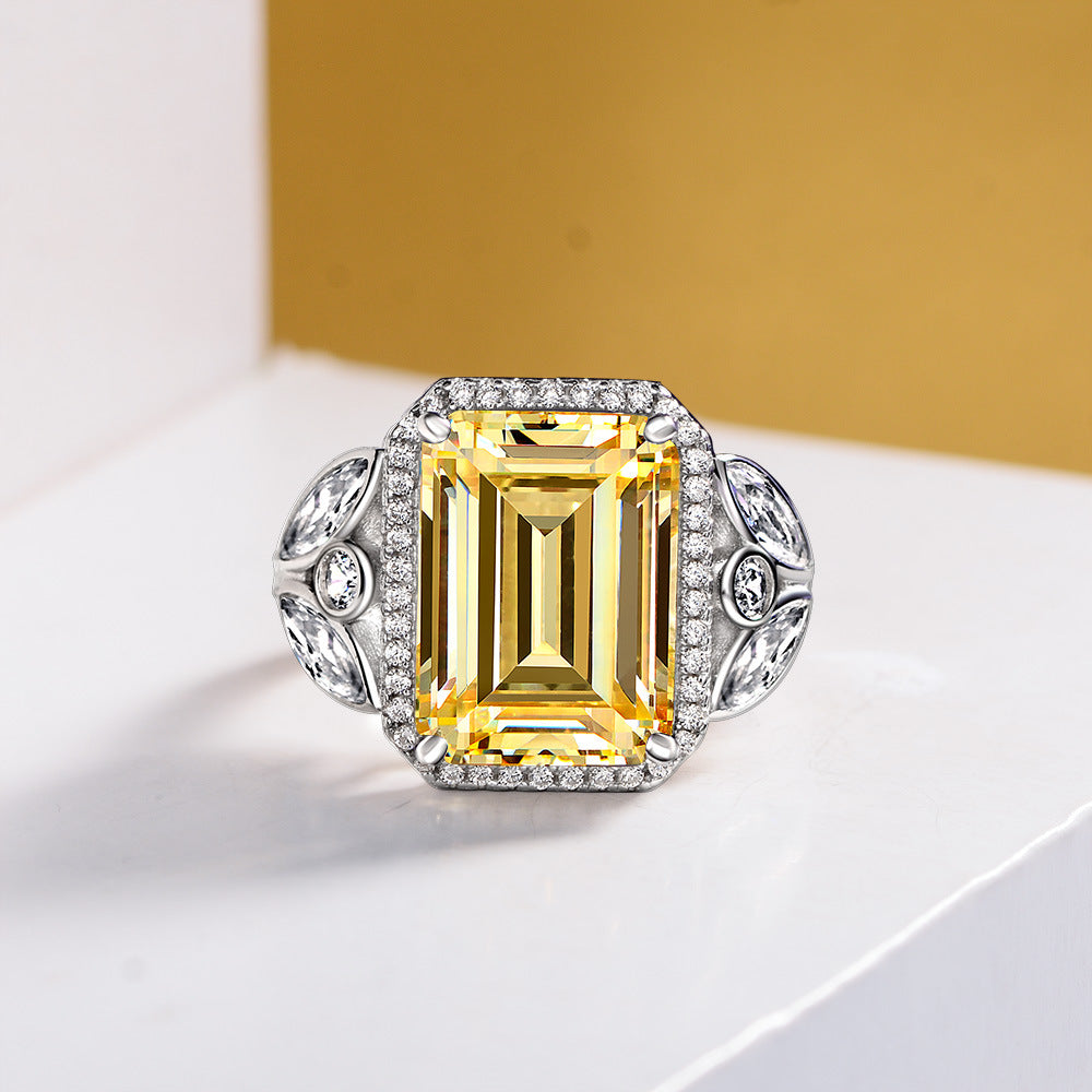 Emerald Cut Gemstone Rose Style Sterling Silver Ring