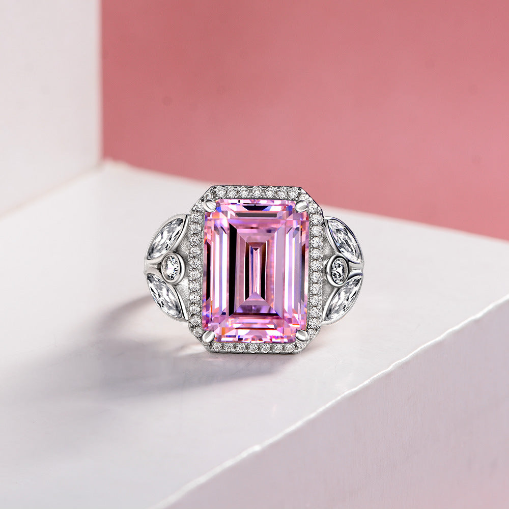 Emerald Cut Gemstone Rose Style Sterling Silver Ring