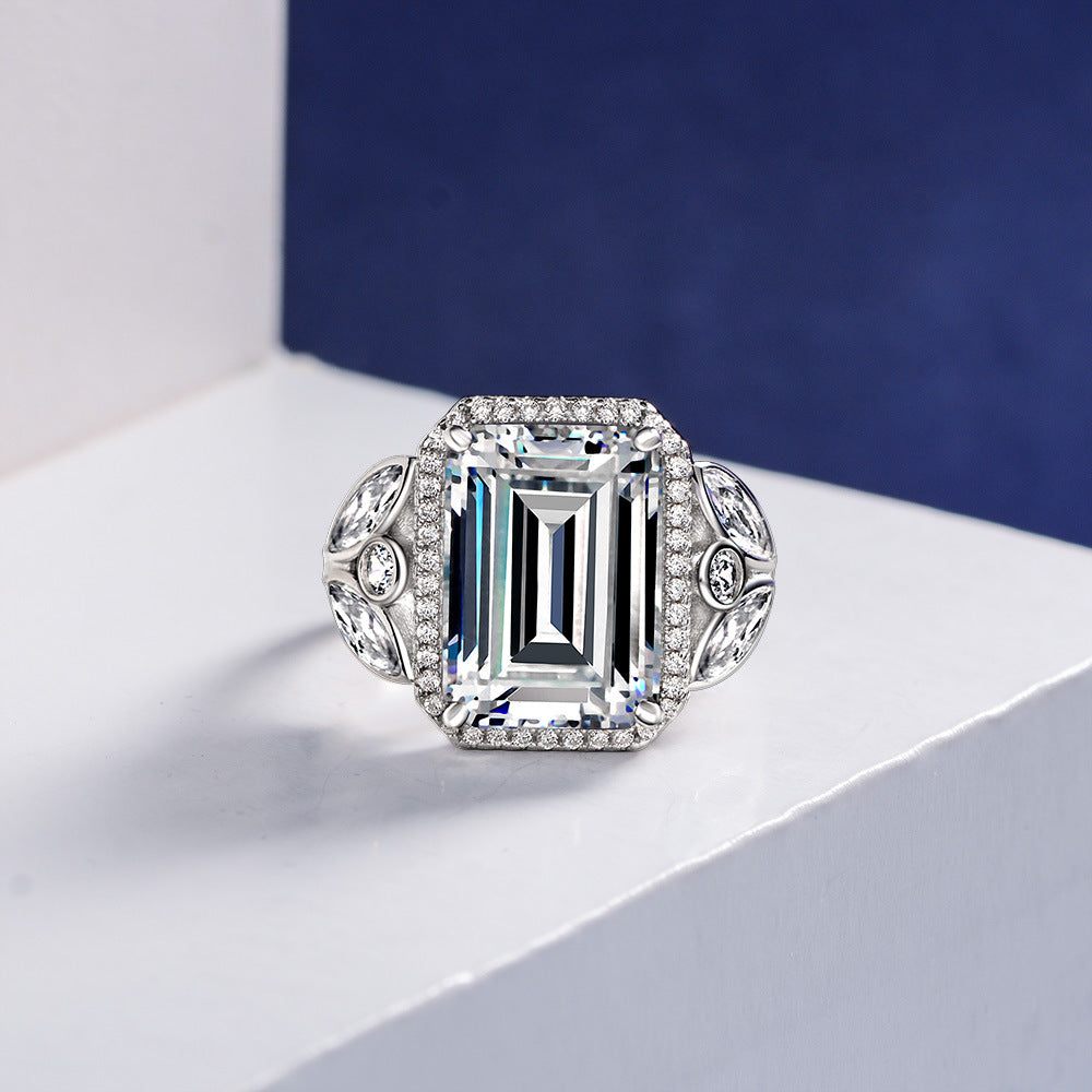 Emerald Cut Gemstone Rose Style Sterling Silver Ring