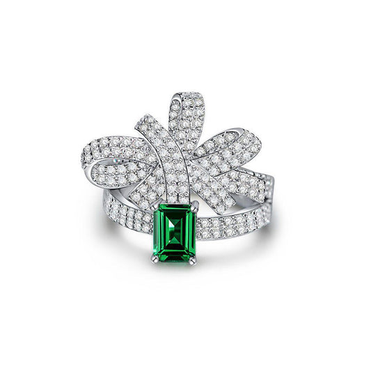 Emerald Gemstone Bowknot Style Silver Enhancer Ring