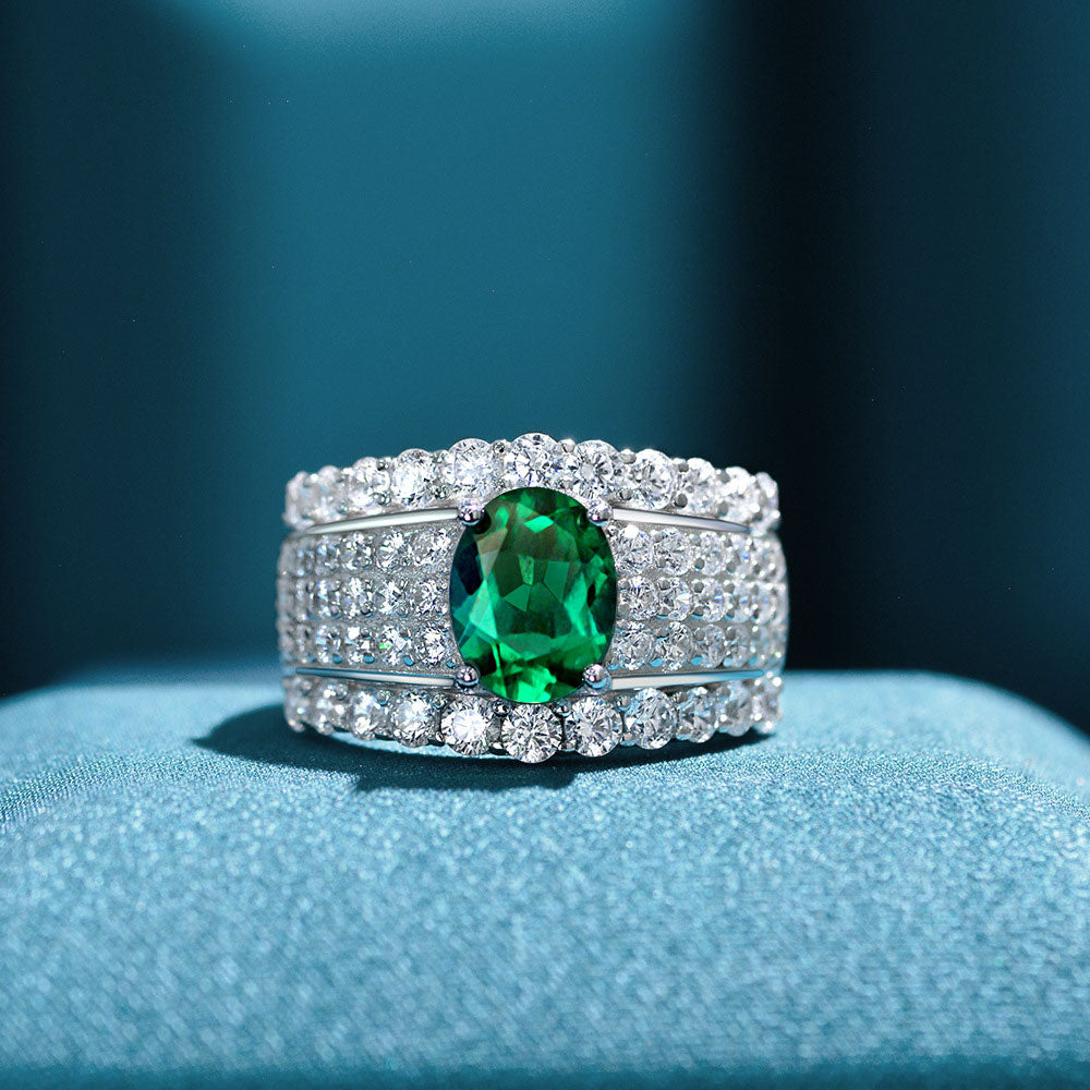 Oval Cut Emerald Stone Sterling Silver Enhancer Ring