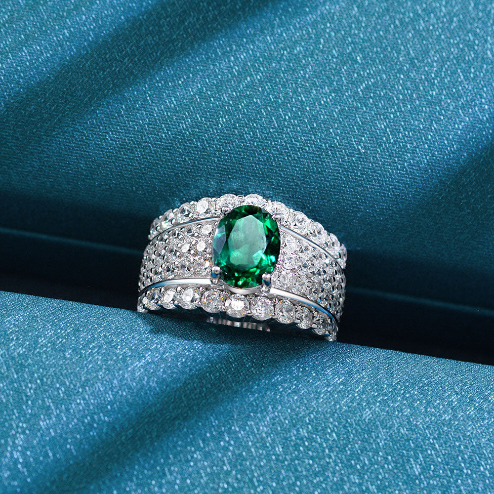 Oval Cut Emerald Stone Sterling Silver Enhancer Ring