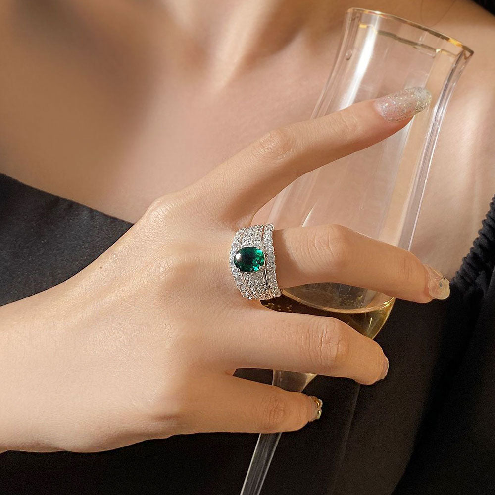 Oval Cut Emerald Stone Sterling Silver Enhancer Ring