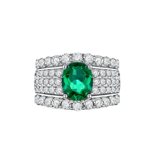 Oval Cut Emerald Stone Sterling Silver Enhancer Ring