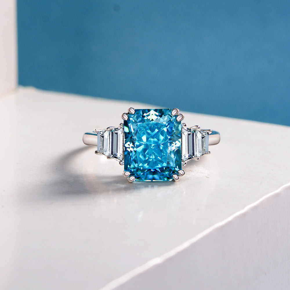 Princess Cut Aquamarine Double Prong Silver Ring