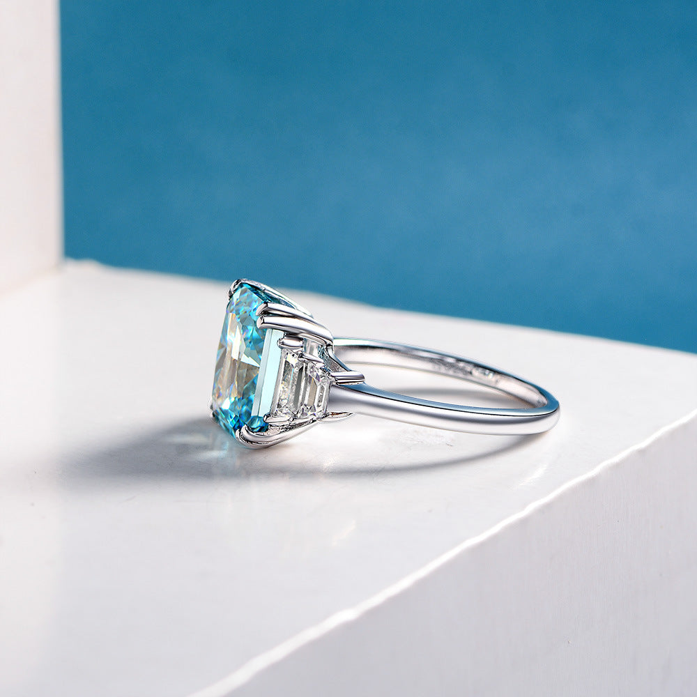 Princess Cut Aquamarine Double Prong Silver Ring