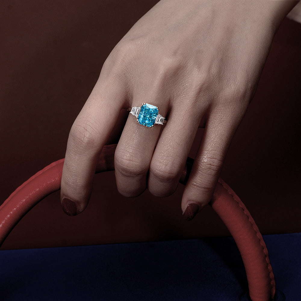 Princess Cut Aquamarine Double Prong Silver Ring