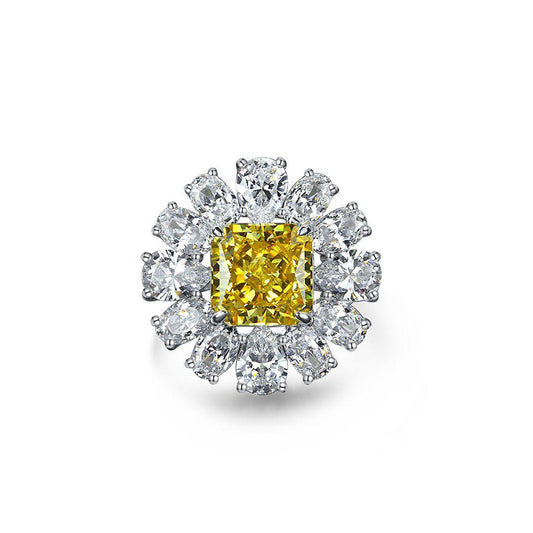 Princess Cut Gemstone Sunflower Style Silver Ring