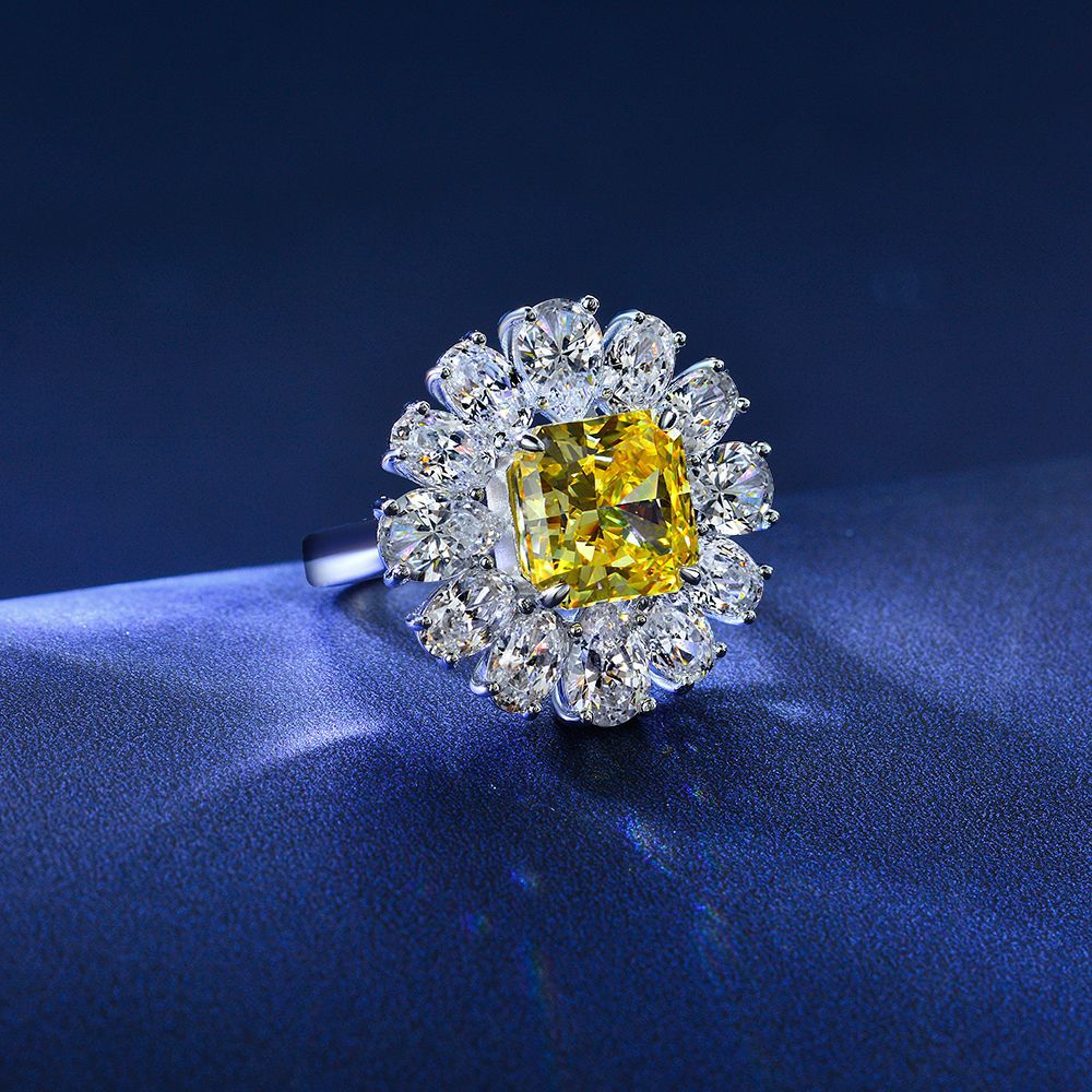 Princess Cut Gemstone Sunflower Style Silver Ring