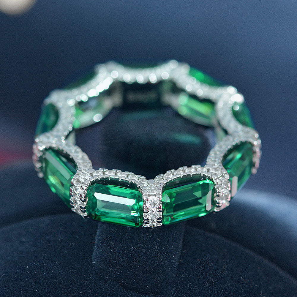 Emerald Gemstone Surrounded Sterling Silver Ring