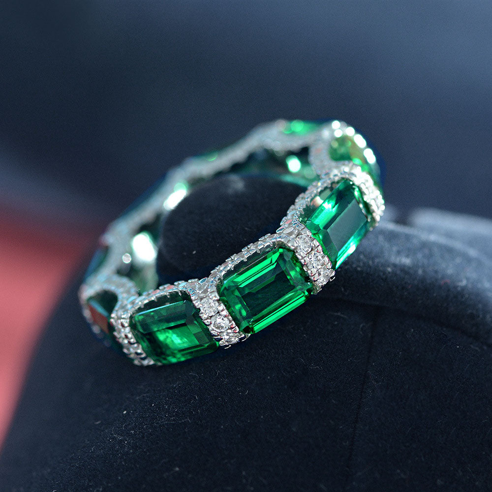 Emerald Gemstone Surrounded Sterling Silver Ring